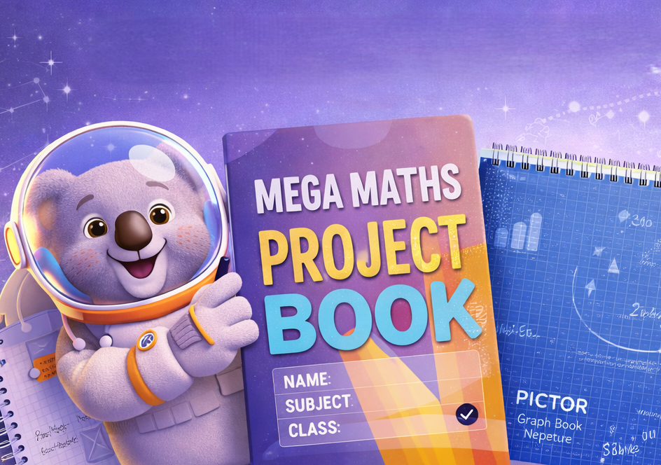 Mega Maths Project Book and Pictor graph books with a space-themed design on a purple background.
