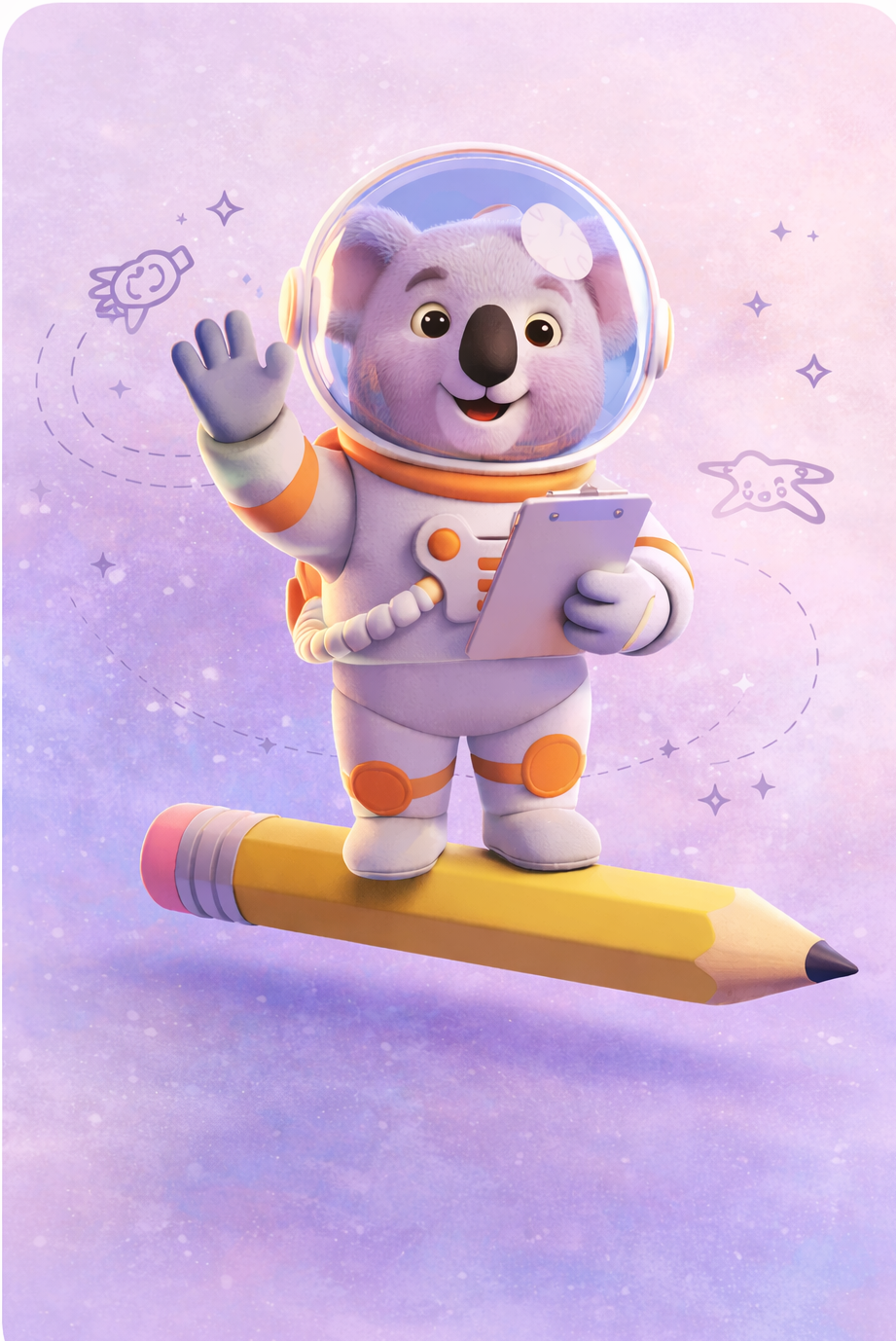 Cartoon koala in an astronaut suit on a pencil with a purple space-themed background