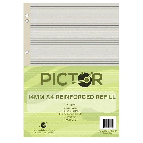 Pictor Reinforced A4 Loose Leaf Refill 14mm Dotted Thirds 50 Sheets