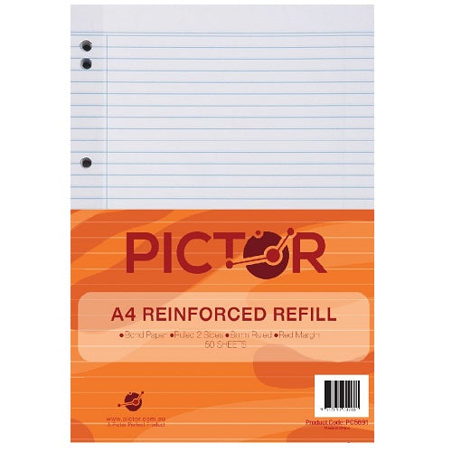 Pictor Reinforced A4 Loose Leaf Refill 8mm Ruled 50 Sheets