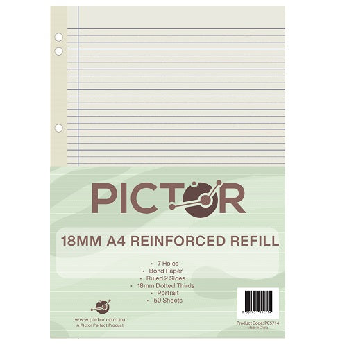 Pictor Reinforced A4 Loose Leaf Refill 18mm Dotted Thirds 50 Sheet