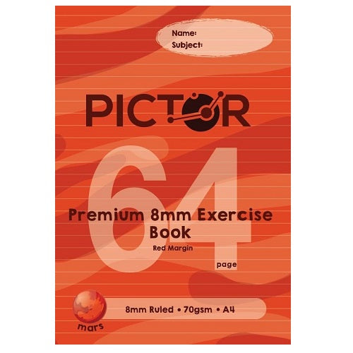Pictor Premium A4 64 Page Exercise Book 8mm Ruled 70GSM Mars