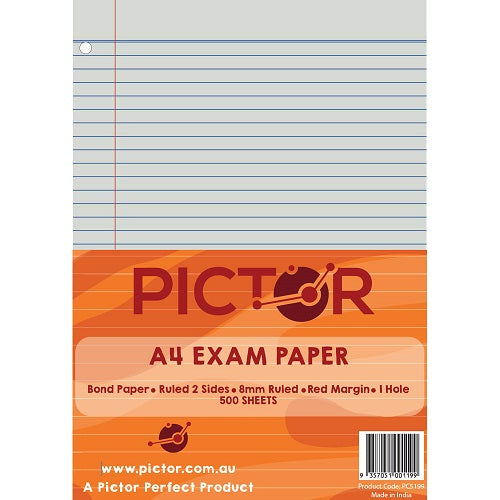 Pictor Exam Paper A4 60GSM 8mm Ruled + Margin 1 Hole Punch 500 Sheets